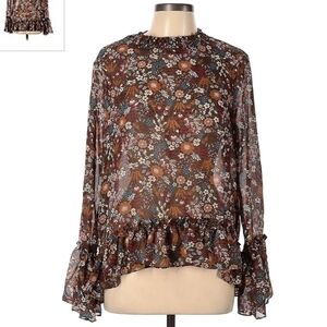 Asos Brave Soul Brown Floral Print Sheer Top Bell Sleeves Women's Large L EUC